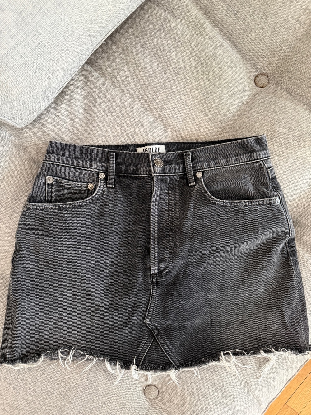 Agolde Black Washed Frayed Hem Denim Mini Skirt